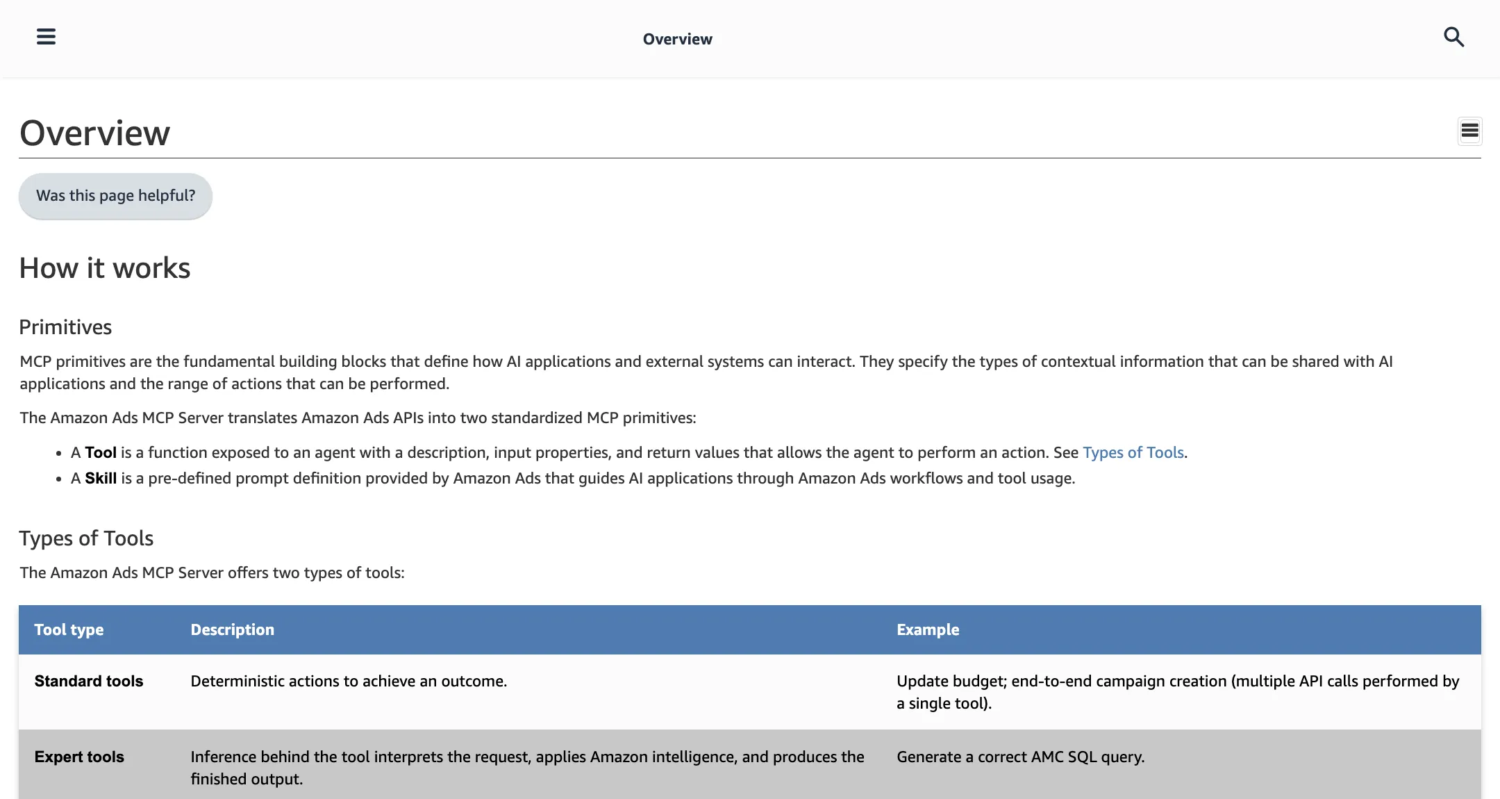Amazon Ads API documentation: the MCP server overview page describing standard tools and expert tools