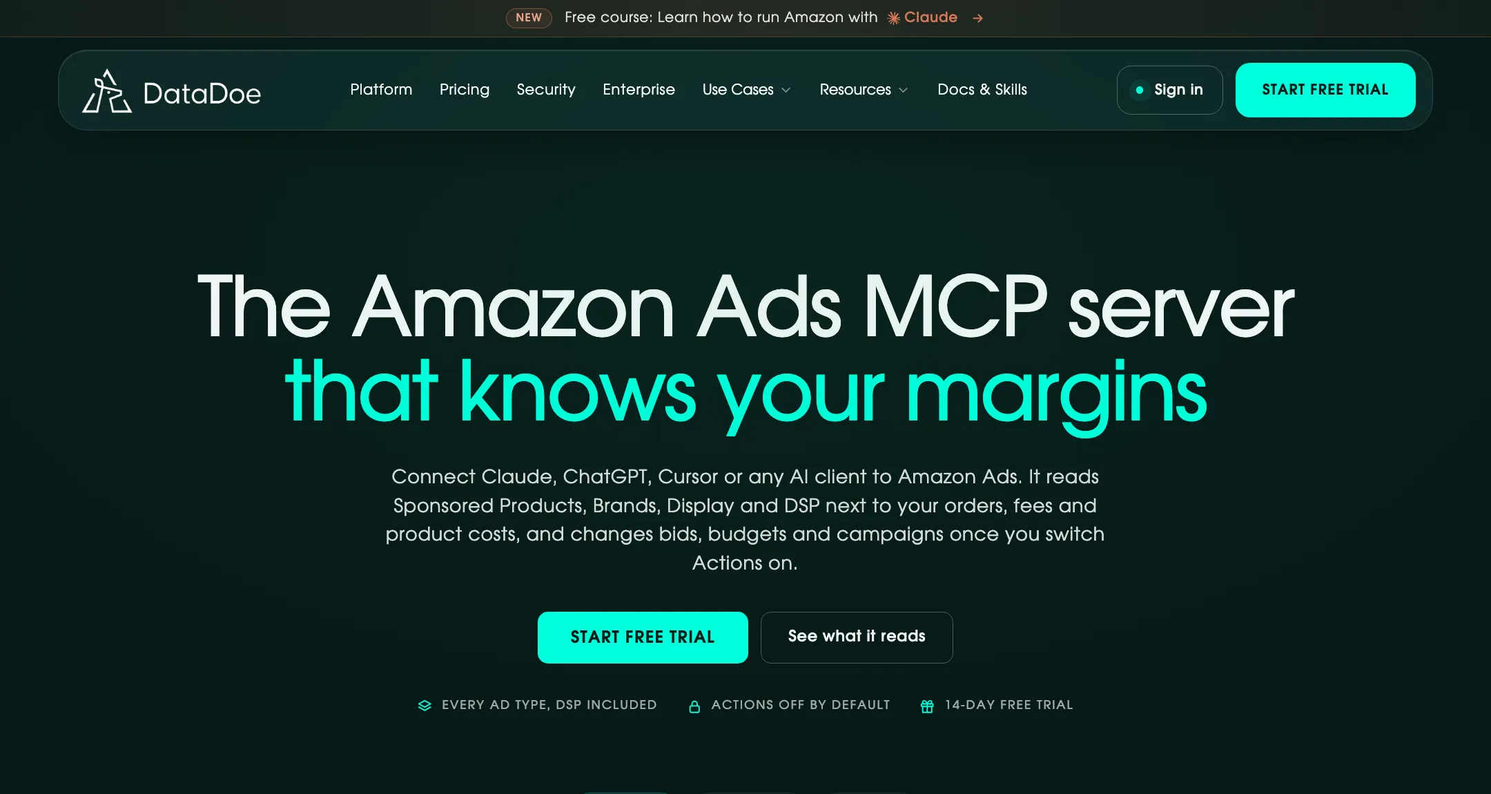 DataDoe's Amazon Ads MCP page: the Amazon Ads MCP server that knows your margins, with actions off by default and a 14-day free trial