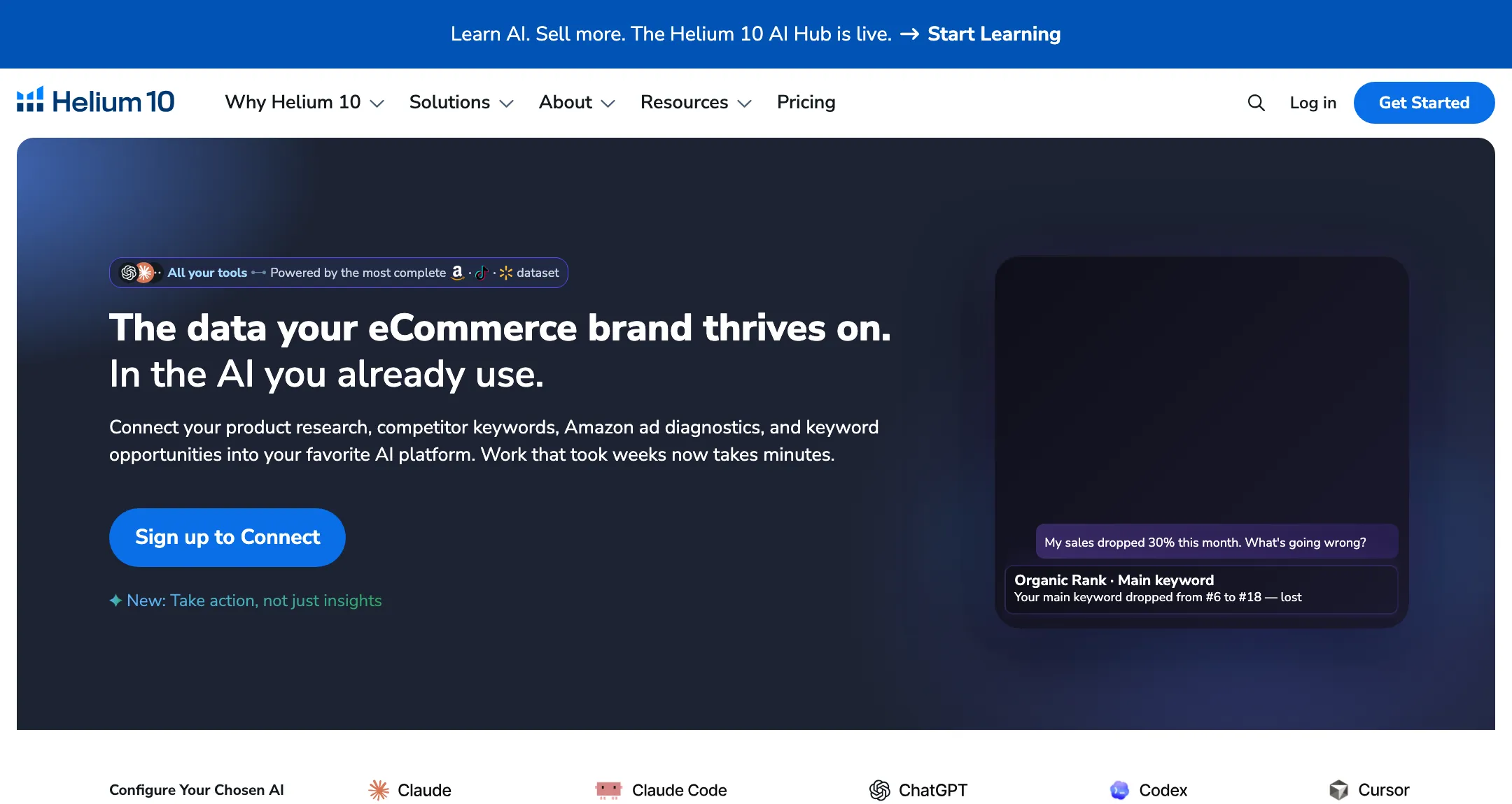 Helium 10 MCP page: connect product research, competitor keywords and ad diagnostics to Claude, Claude Code, ChatGPT, Codex or Cursor