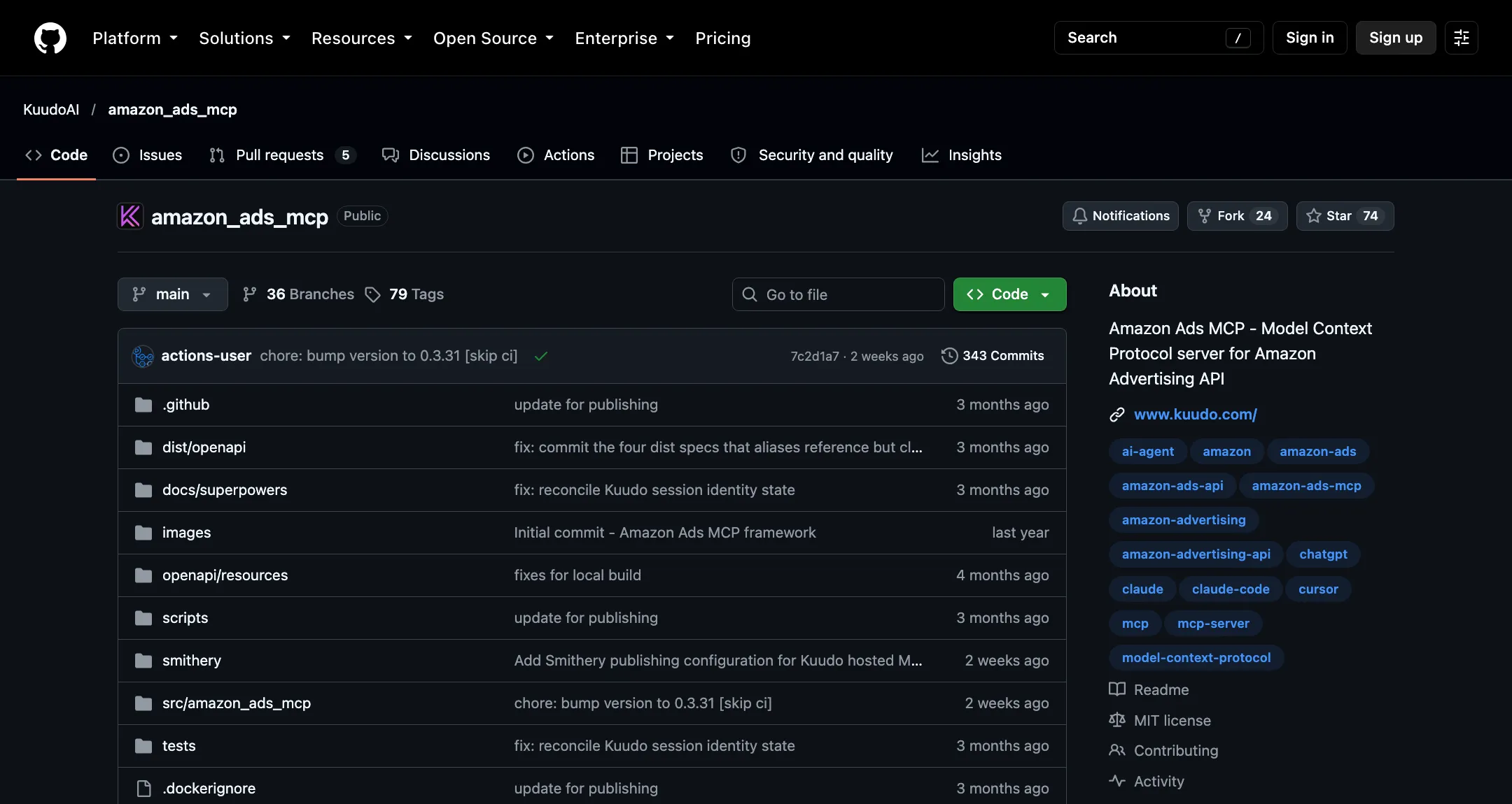 The KuudoAI amazon_ads_mcp repository on GitHub, MIT licensed, 74 stars and 24 forks, with Docker, OpenAPI and test folders