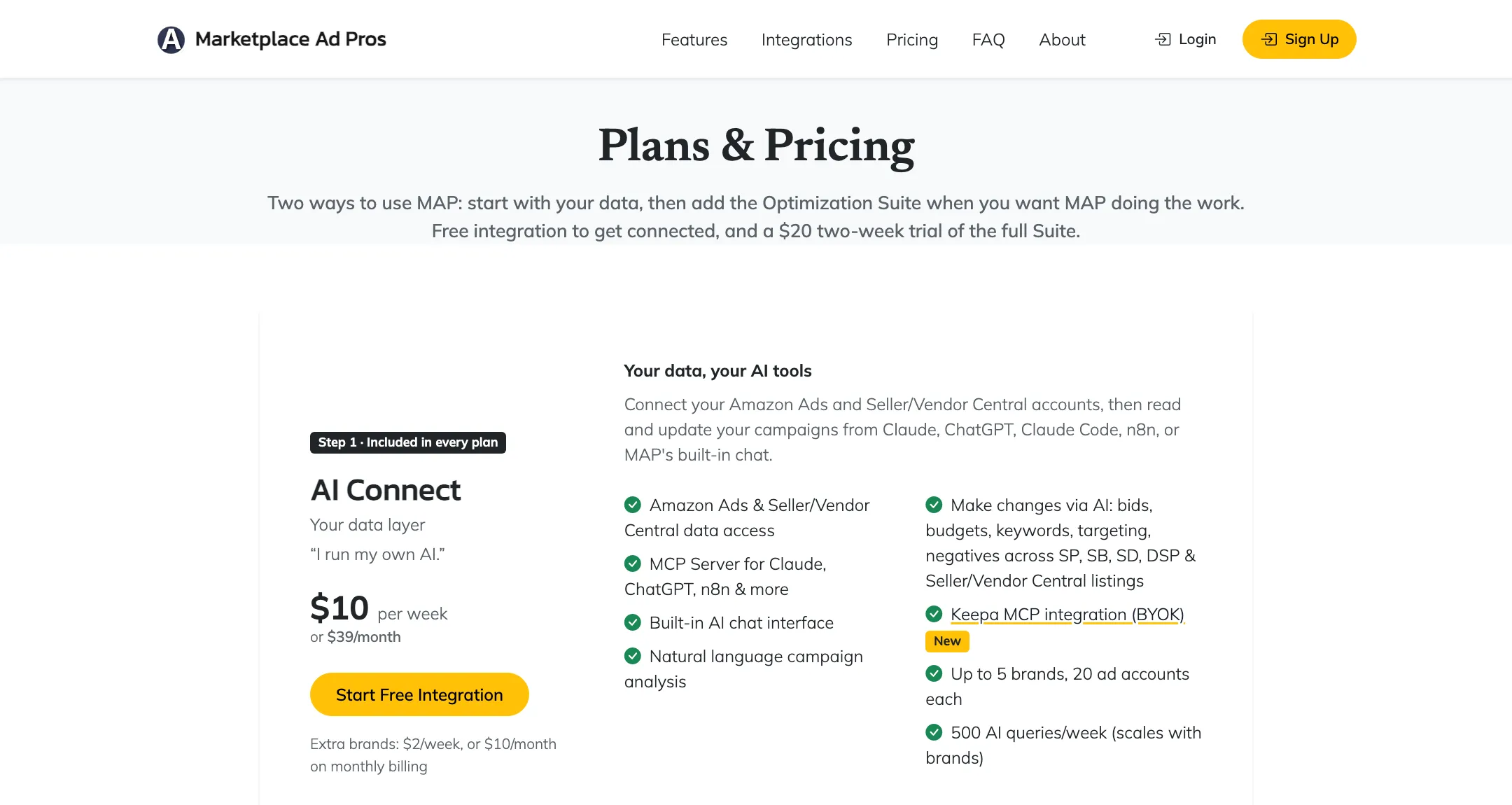 Marketplace Ad Pros plans page showing AI Connect at $10 per week or $39 per month, included in every plan