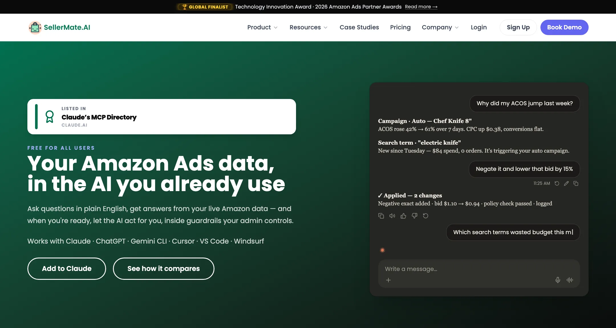 SellerMate's MCP page: listed in Claude's MCP directory, free for all users, with an example chat that negates a search term and lowers a bid
