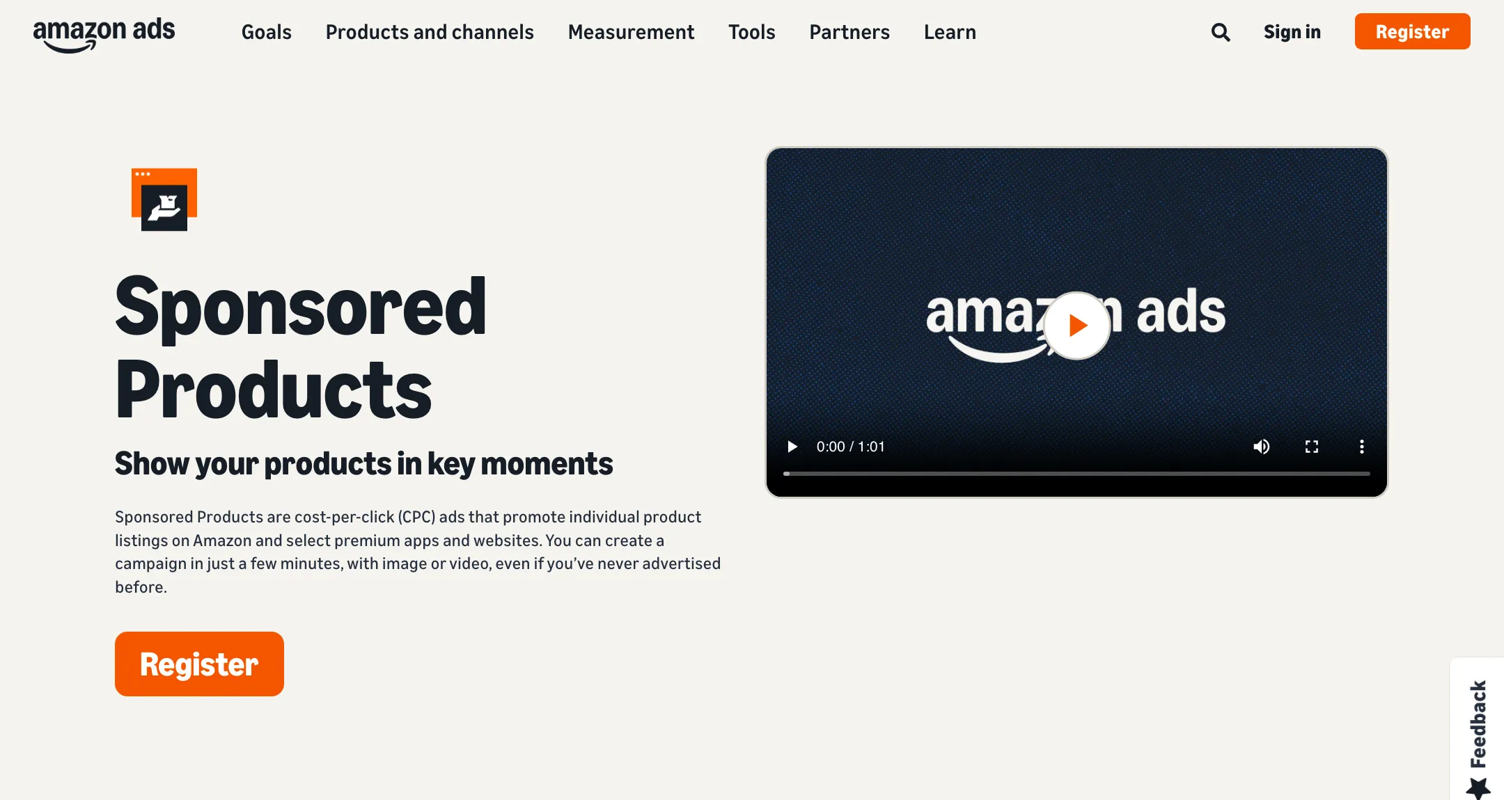 Amazon Ads Sponsored Products product page: cost-per-click ads that promote individual product listings, with a Register button