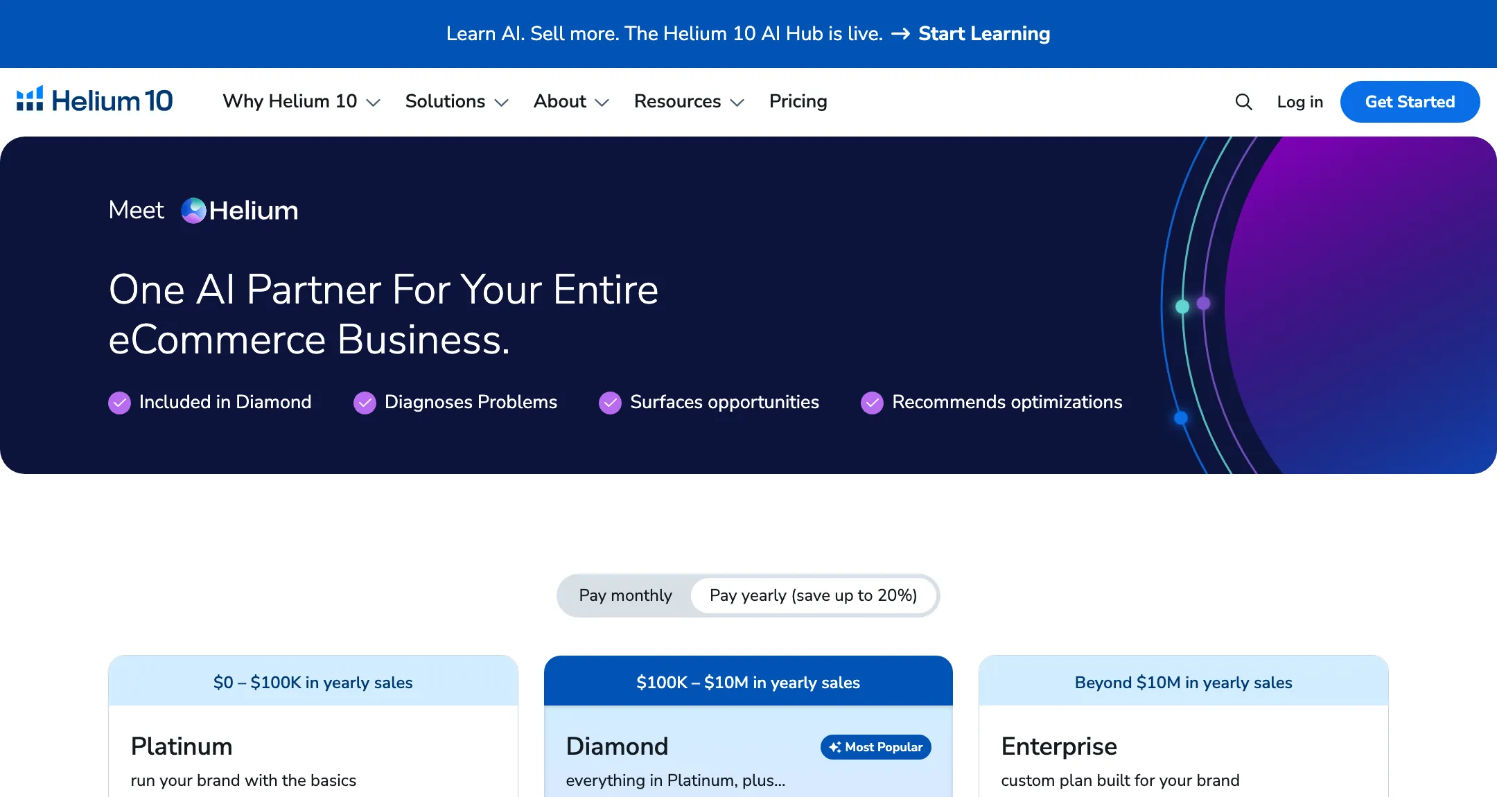 Helium 10 pricing page showing Platinum at $99 a month, Diamond at $279 a month and Enterprise, with yearly billing selected