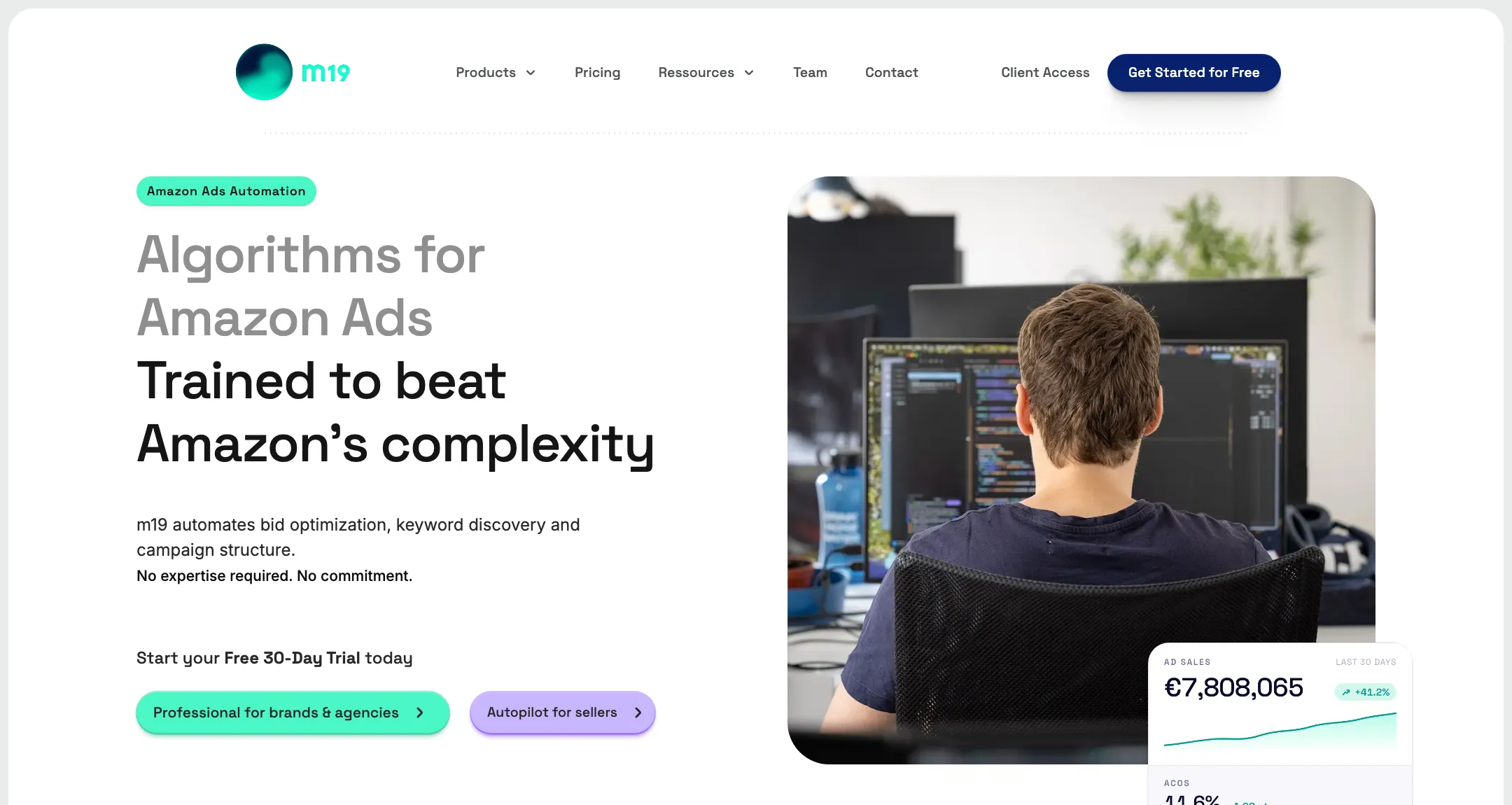 m19 home page: algorithms for Amazon Ads trained to beat Amazon's complexity, 30-day free trial, Professional for brands and agencies, Autopilot for sellers